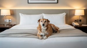 Dog resting on bed at a dog-friendly Greenville SC hotel