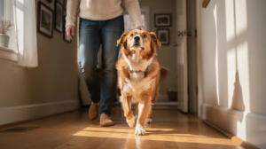The image depicts a loyal dog closely following its owner around the house, showcasing the strong bond and pack mentality often seen in domesticated dogs. This constant companion is attentive and curious, reflecting the typical behavior of many dogs that experience separation anxiety or simply wish to stay close to their favorite person.