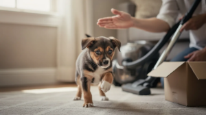 The image depicts a young puppy displaying signs of fear, such as a tucked tail and wide eyes, as it encounters a new object in its environment. This moment captures the normal part of puppy development known as a fear period, highlighting the importance of positive reinforcement training and early socialization for building confidence in young dogs.