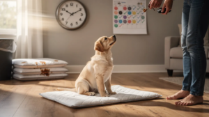 The image depicts a young puppy sitting patiently by an open door, looking outside as if ready for a potty break. The scene conveys the essence of puppy potty training, highlighting the importance of routines and designated potty spots for new pet parents.