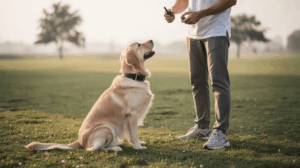 Beginner e-collar training session with a calm young dog