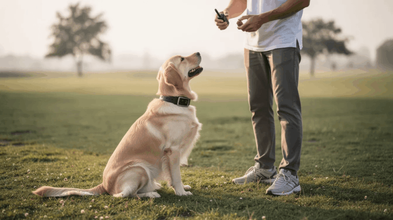 Beginner e-collar training session with a calm young dog