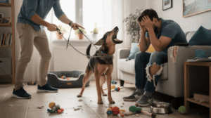 Dog trainer explaining common dog training myths to an owner