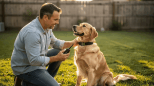 Golden retriever learning beginner e-collar training cues