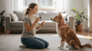 Dog learning commands through marker training with rewards