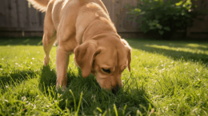 Dog eating grass while exploring outdoors