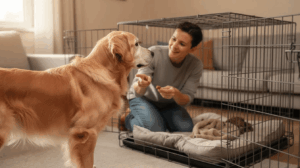 Owner crate training an older dog with treats at home