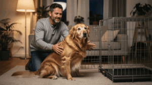 Man crate training an older dog beside an open crate