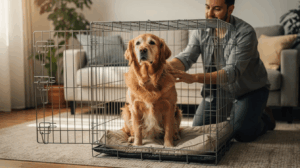 Owner crate training an older dog inside a wire crate