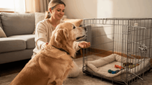 Woman crate training an older dog with treats at home