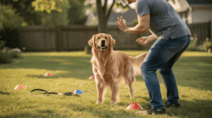 How long does it take to train a dog, dog and man on a lawn.