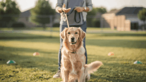 How long does it take to train a dog, dog sits beside owner.