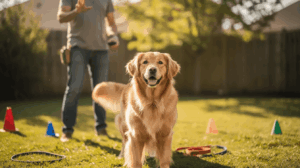 How long does it take to train a dog, dog stands among cones