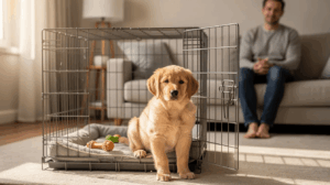 Golden puppy in crate learning how much crate time to have