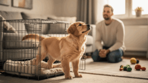 Golden puppy leaving crate during home crate training