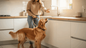 Woman training dog to stop counter surfing in kitchen