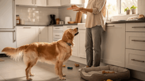 Golden retriever learning to avoid counter surfing at home