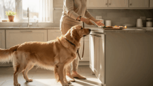 Golden retriever learning to stop counter surfing at home
