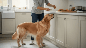 Golden retriever learning to stop counter surfing in kitchen