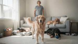 Multi-dog household tips, four dogs and woman in living room