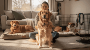 Multi-dog household tips, woman pets dog beside two dog beds