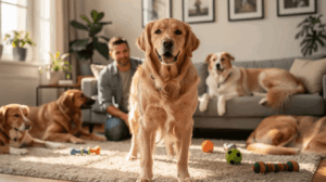 Multi-dog household tips, six dogs with owner in living room
