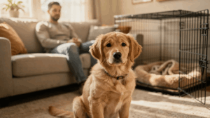Golden puppy sitting near crate during home training