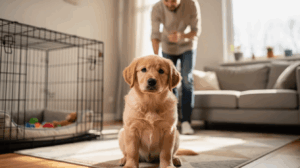 Golden puppy sitting near crate during crate training